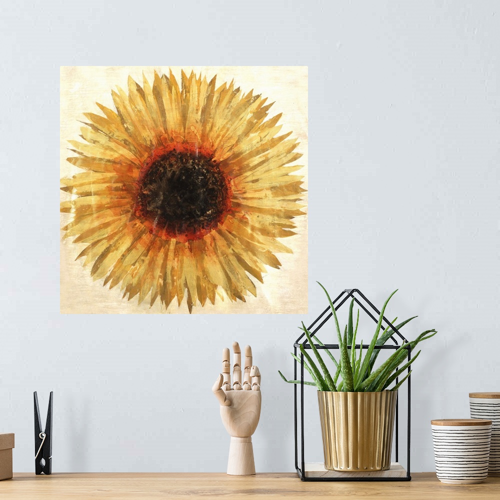A bohemian room featuring Contemporary painting of a big beautiful sunflower against a brown background.