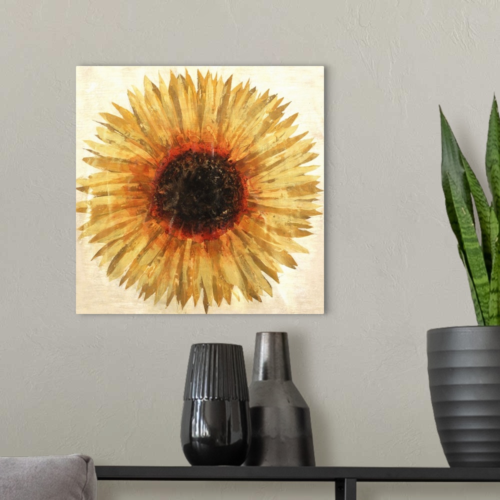 A modern room featuring Contemporary painting of a big beautiful sunflower against a brown background.