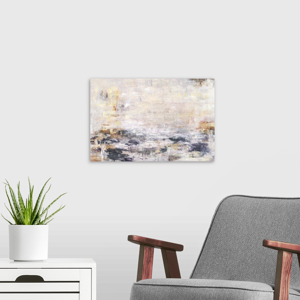 A modern room featuring Contemporary abstract artwork in shades of white, grey, gold.