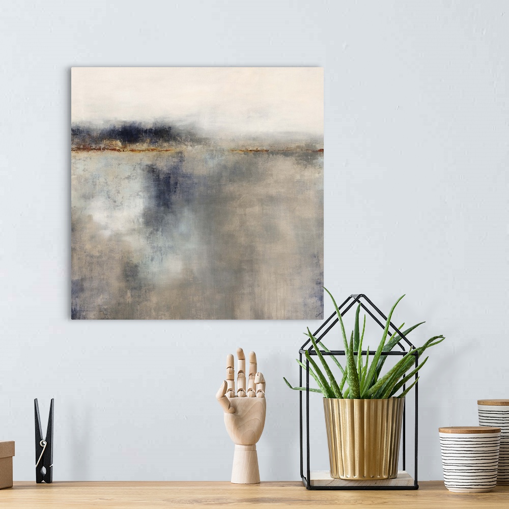 A bohemian room featuring Contemporary abstract painting in muted grey and brown tones, resembling a horizon.