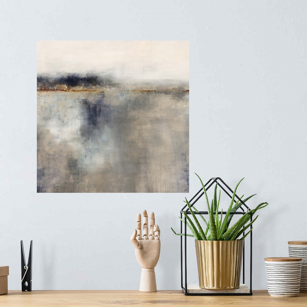 A bohemian room featuring Contemporary abstract painting in muted grey and brown tones, resembling a horizon.