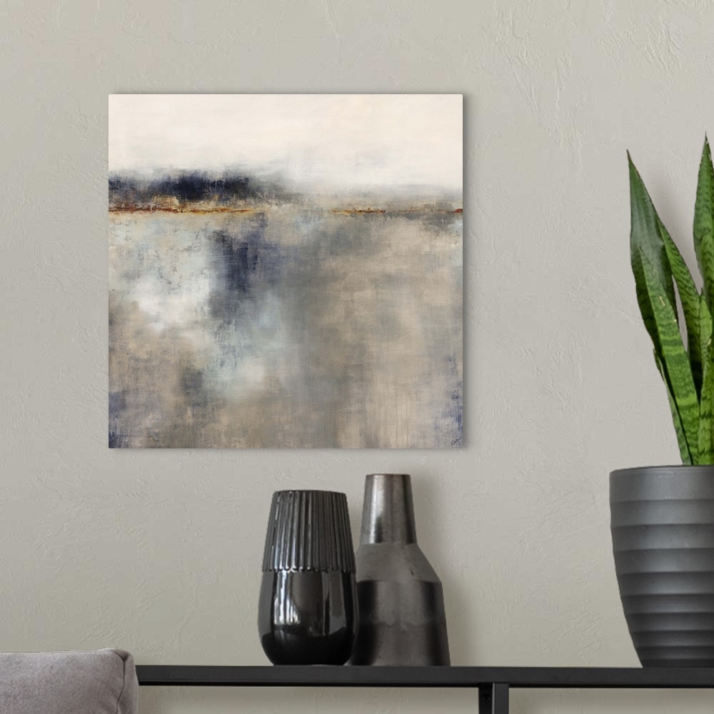A modern room featuring Contemporary abstract painting in muted grey and brown tones, resembling a horizon.