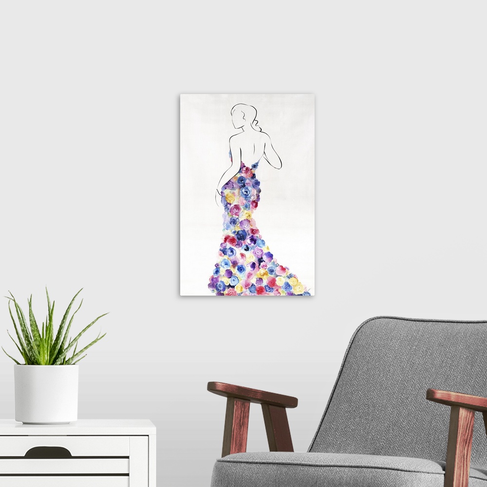 A modern room featuring A simple outline of a woman with a colorful floral dress in rose blooms.