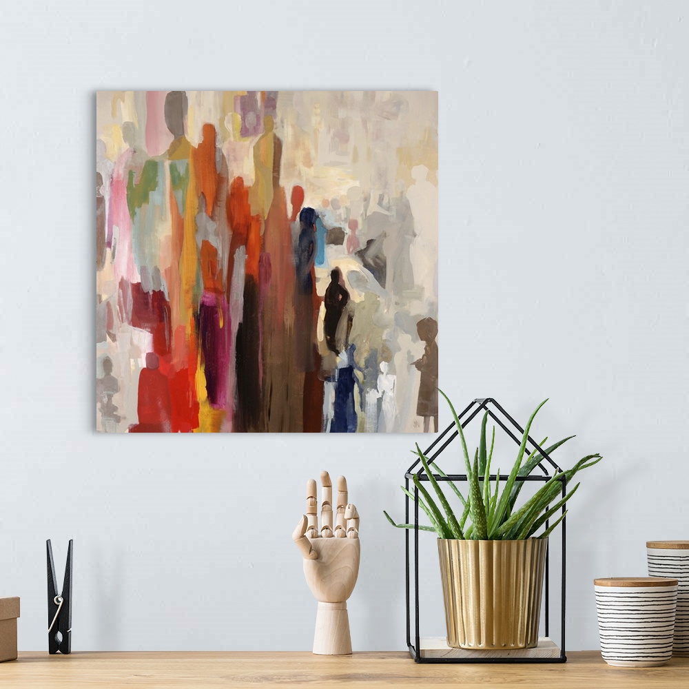 A bohemian room featuring Abstract painting of large cluster of human silhouettes in various sizes and colors, occasionally...
