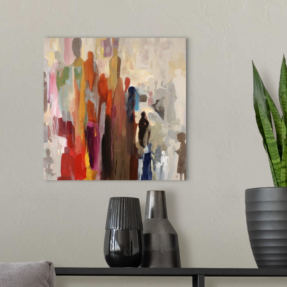 A modern room featuring Abstract painting of large cluster of human silhouettes in various sizes and colors, occasionally...