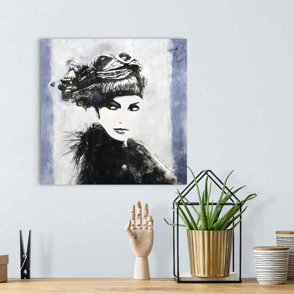 A bohemian room featuring Square art with a black and white illustrated woman wearing a fancy hat on a white and indigo str...