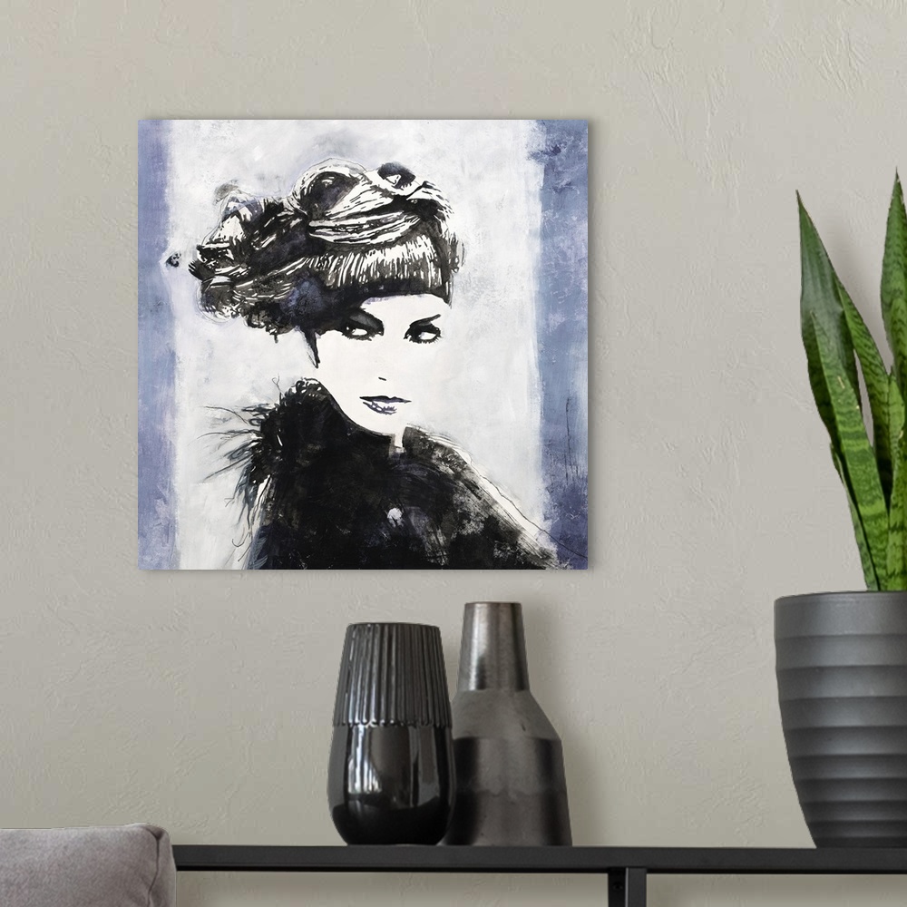 A modern room featuring Square art with a black and white illustrated woman wearing a fancy hat on a white and indigo str...