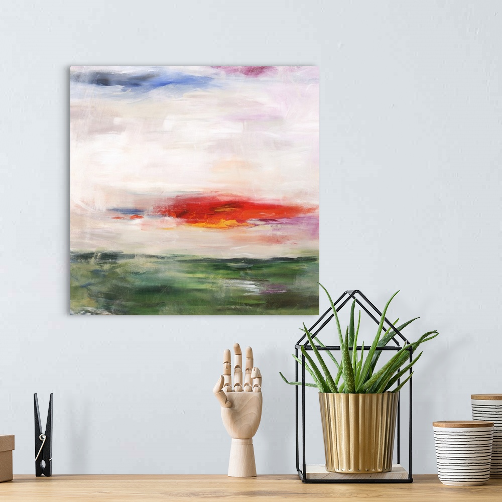 A bohemian room featuring Contemporary abstract painting resembling a landscape.