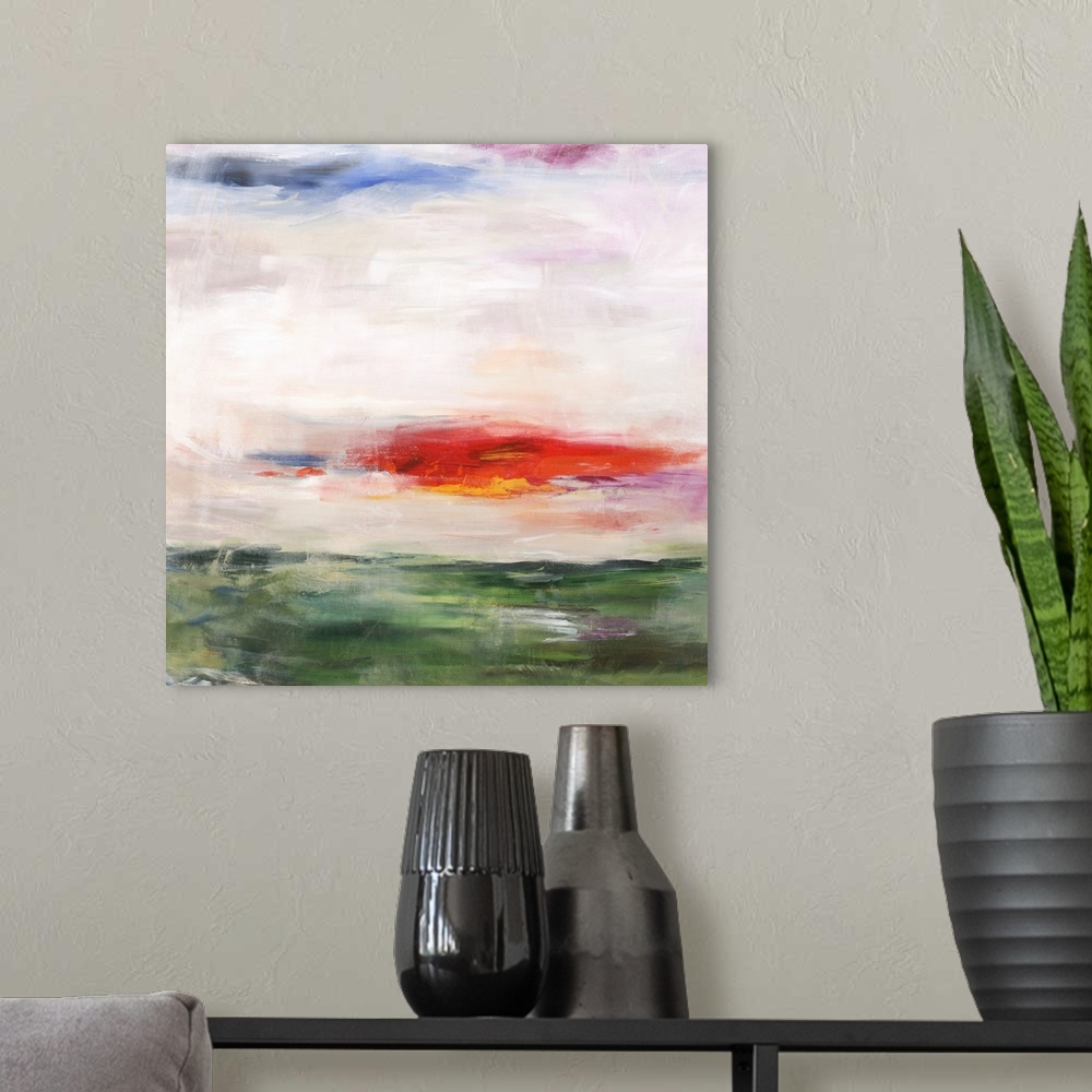 A modern room featuring Contemporary abstract painting resembling a landscape.