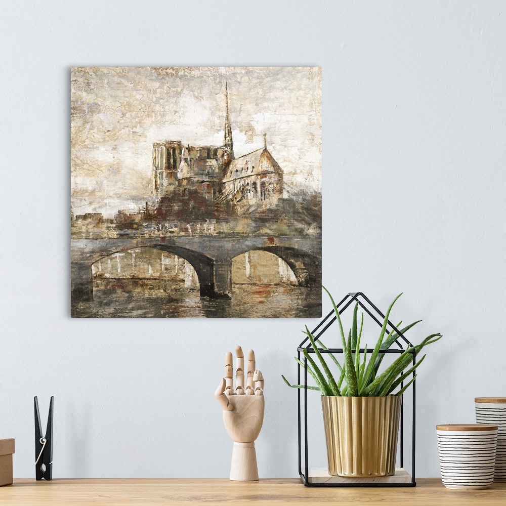 A bohemian room featuring Contemporary painting of a fortified structure in the distance from a river.