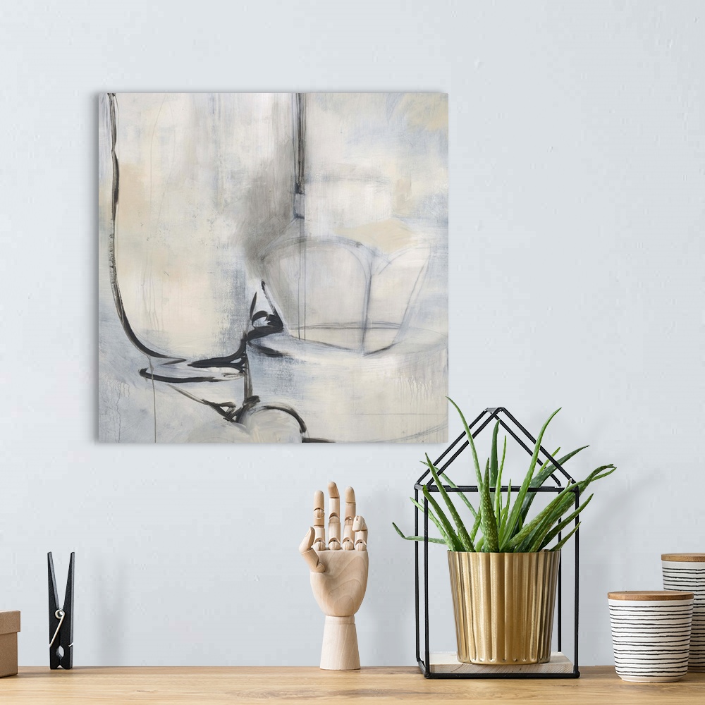 A bohemian room featuring Calm, neutral abstract painting in shades of grey with black strokes.