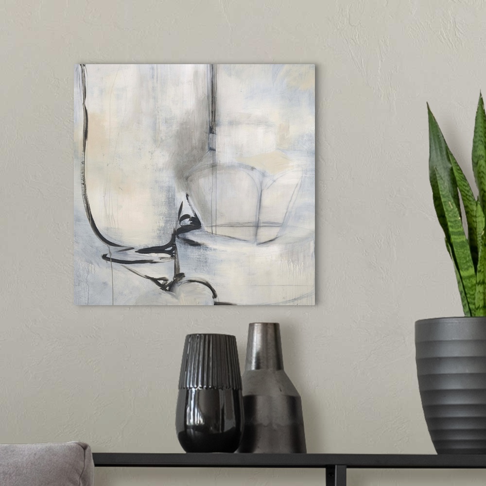 A modern room featuring Calm, neutral abstract painting in shades of grey with black strokes.