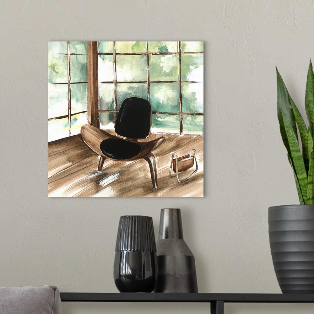 A modern room featuring Contemporary artwork of a stylish chair in a home with mid century decor.