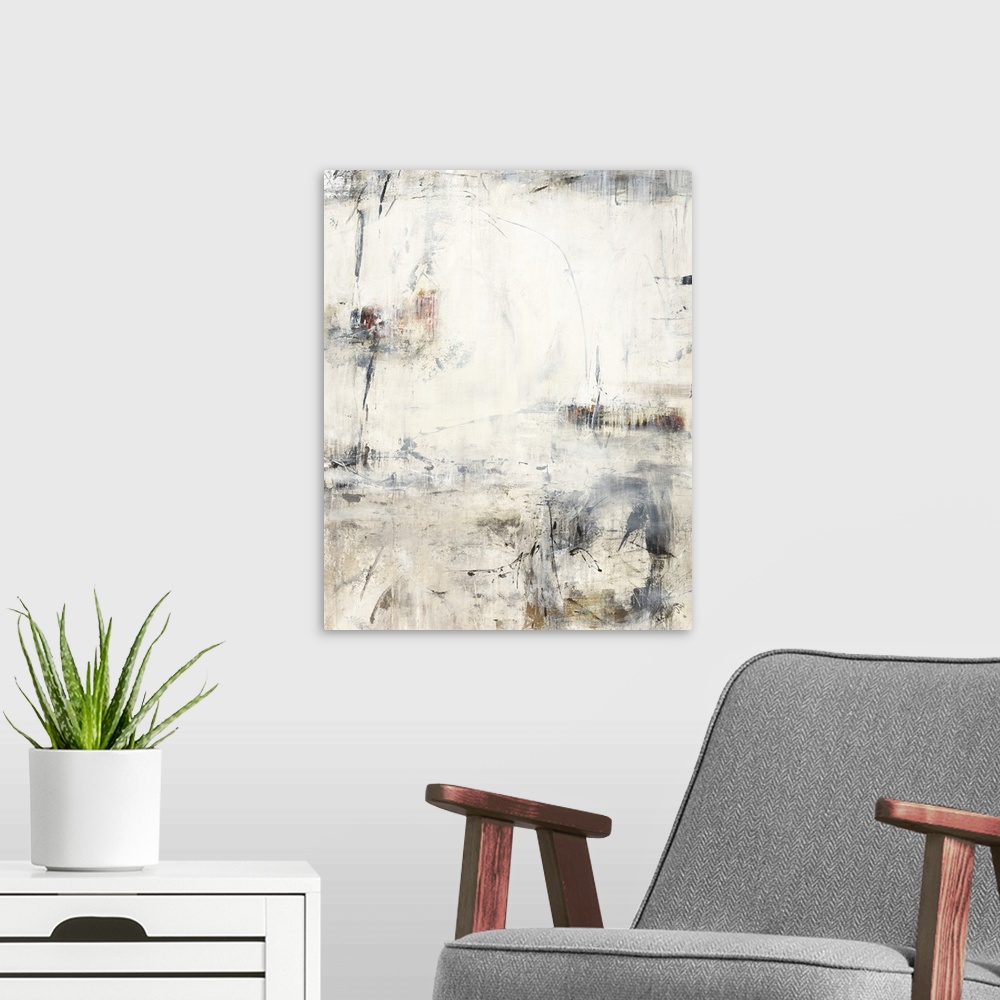 A modern room featuring A vertical painting of washed colors of gray and brown with dripped paint textures and swirled br...