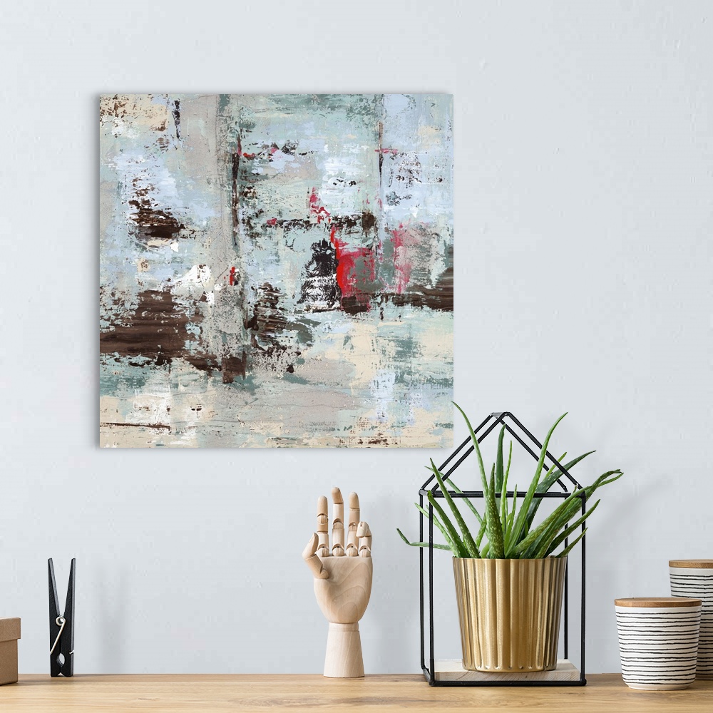 A bohemian room featuring Contemporary abstract painting using a pale mint green with streaks of brown in an overall distre...