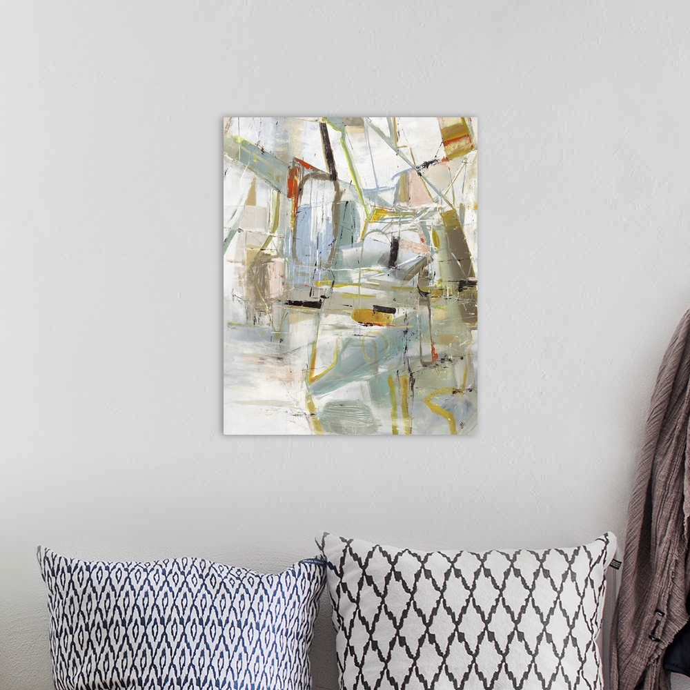 A bohemian room featuring Large abstract painting with busy brushstrokes in all shapes and sizes with mostly earth tones an...