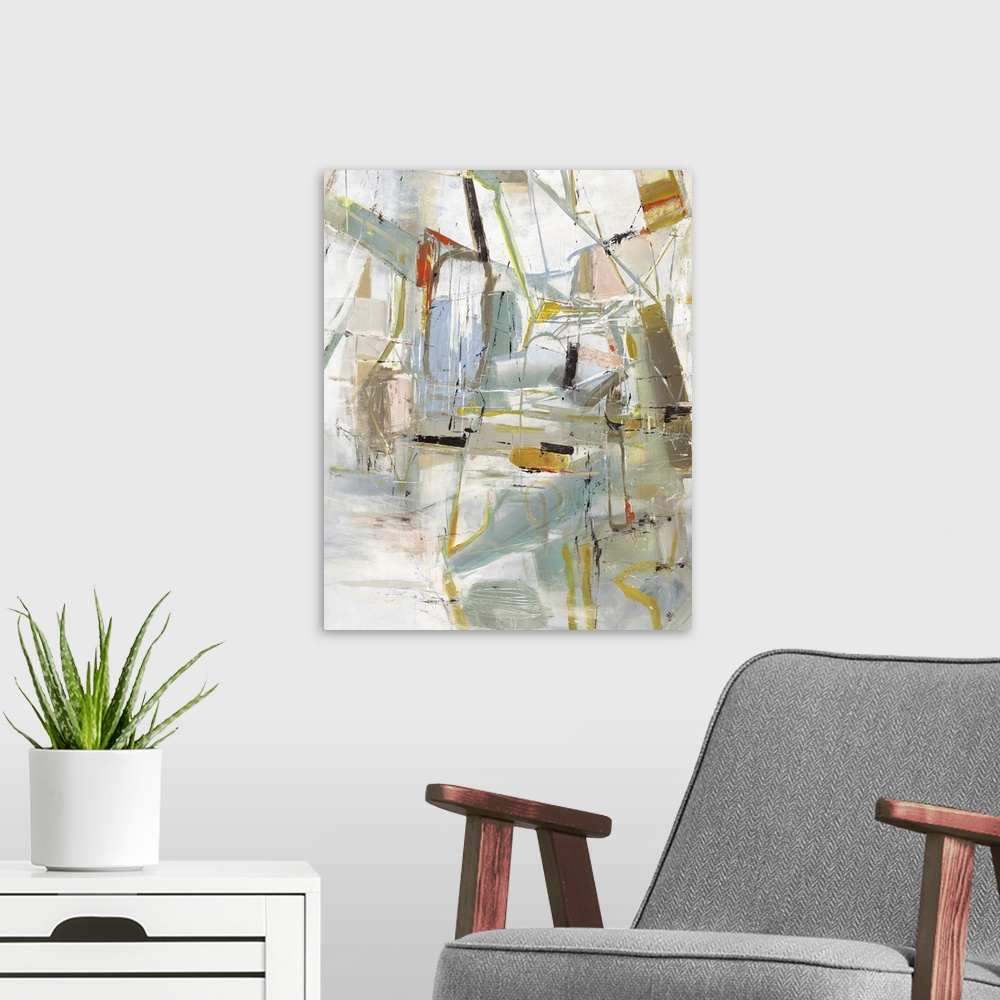 A modern room featuring Large abstract painting with busy brushstrokes in all shapes and sizes with mostly earth tones an...