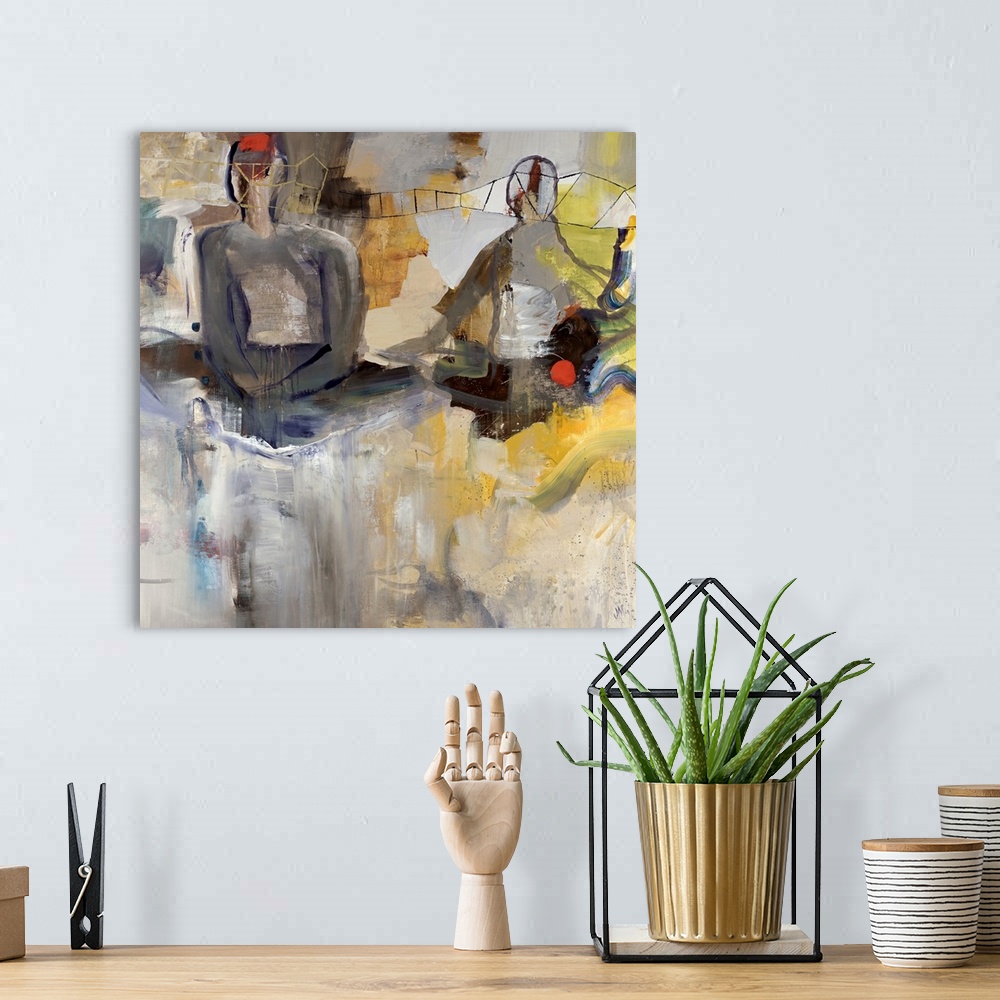 A bohemian room featuring Square abstract painting on canvas of two figures sitting with various colors of paint brushed ar...