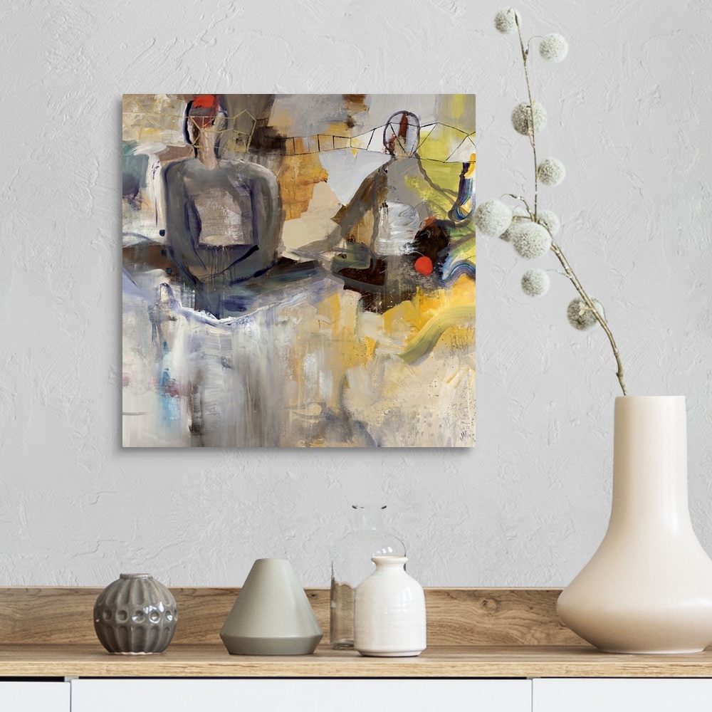 A farmhouse room featuring Square abstract painting on canvas of two figures sitting with various colors of paint brushed ar...
