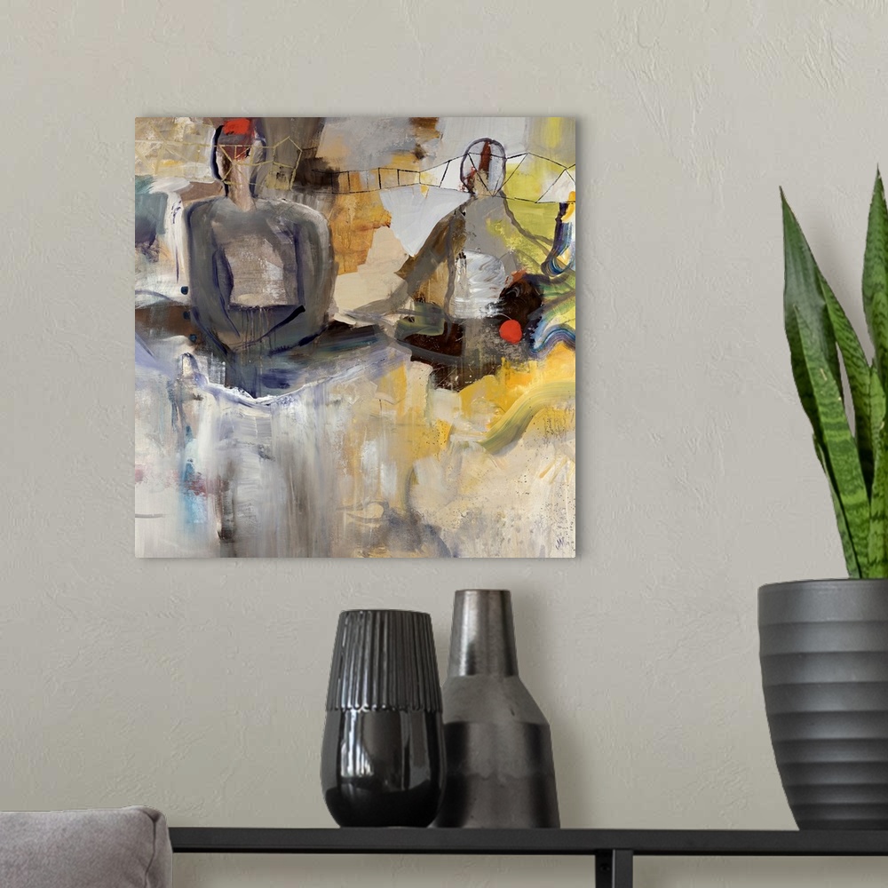 A modern room featuring Square abstract painting on canvas of two figures sitting with various colors of paint brushed ar...