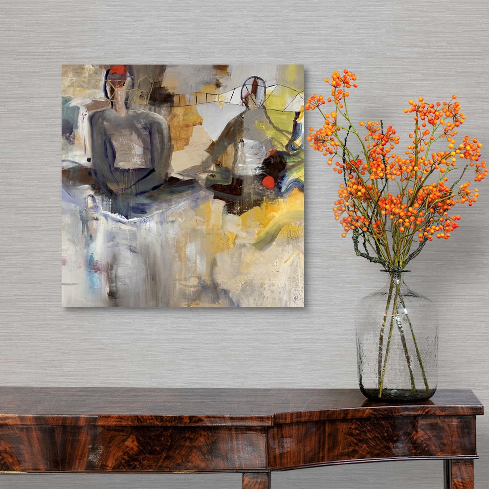 A traditional room featuring Square abstract painting on canvas of two figures sitting with various colors of paint brushed ar...