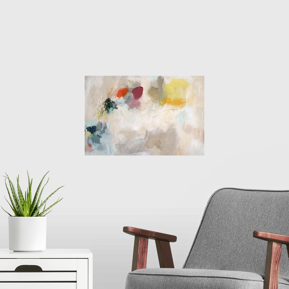 A modern room featuring Abstract painting of an arch of forms in a variety of bold colors, on a patchy background of ligh...
