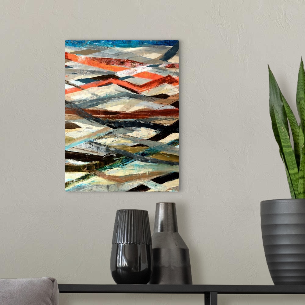 A modern room featuring Portrait, abstract painting of horizontal and zig zag lines in numerous colors.  Painted with thi...