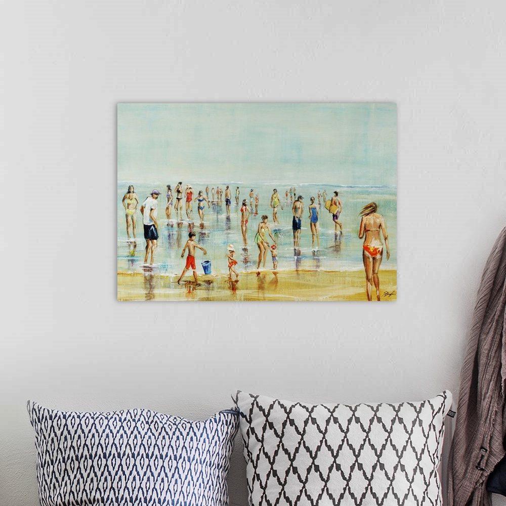 A bohemian room featuring Painting of a crowded beach with a large group of adults and children enjoying calm waters beneat...