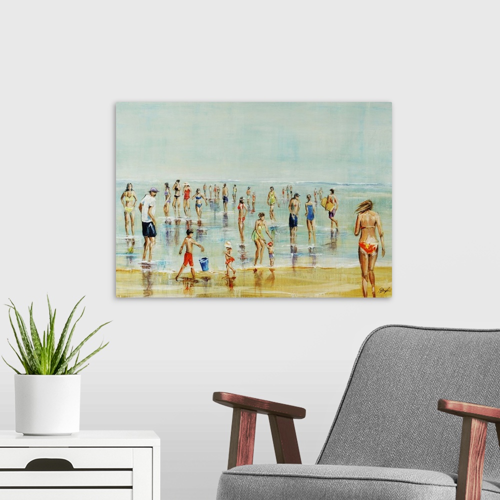 A modern room featuring Painting of a crowded beach with a large group of adults and children enjoying calm waters beneat...