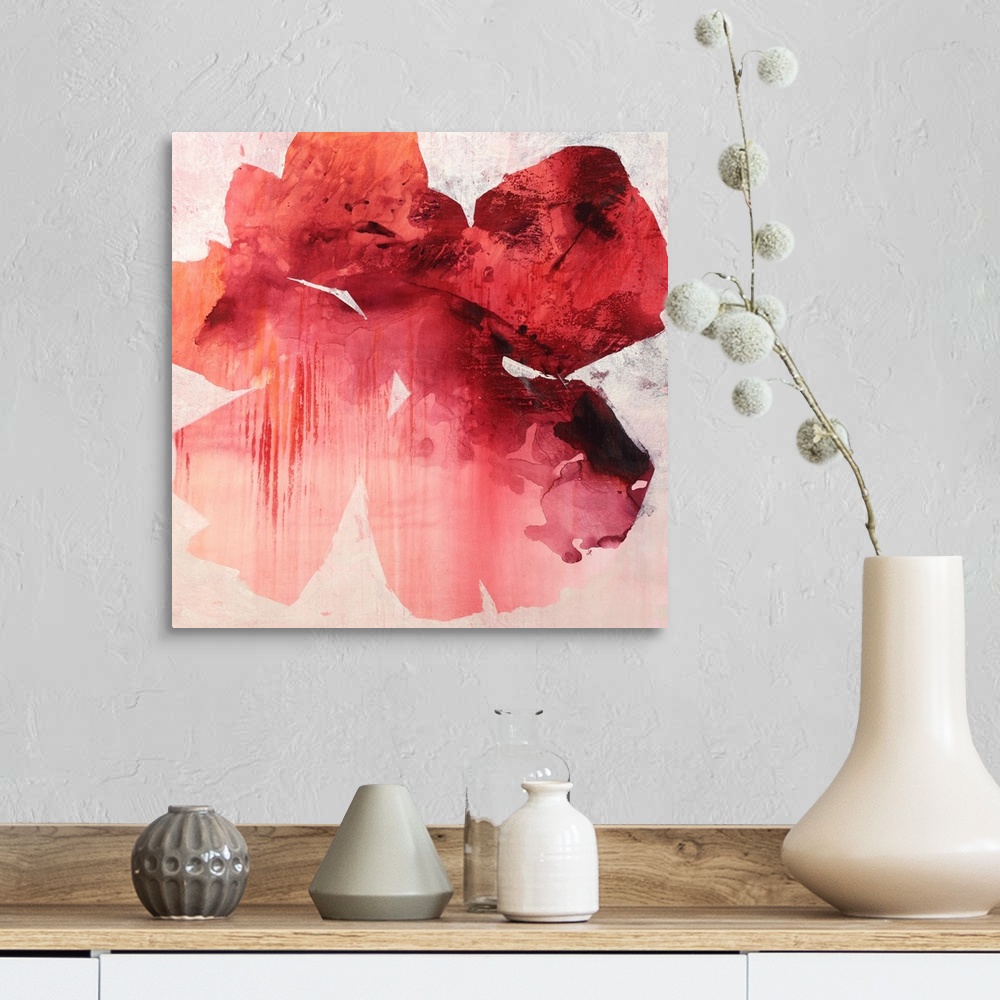 A farmhouse room featuring Square abstract painting of a large tropical flower in shades of red.
