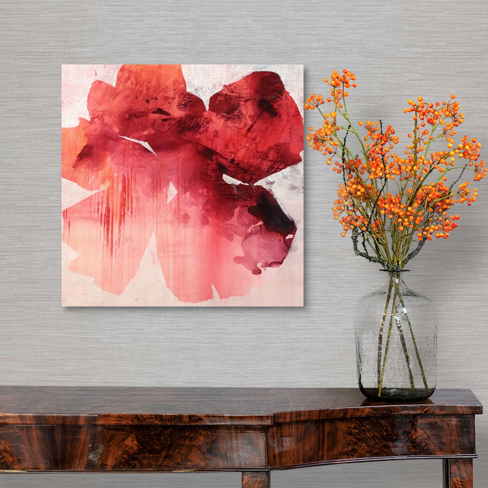 A traditional room featuring Square abstract painting of a large tropical flower in shades of red.