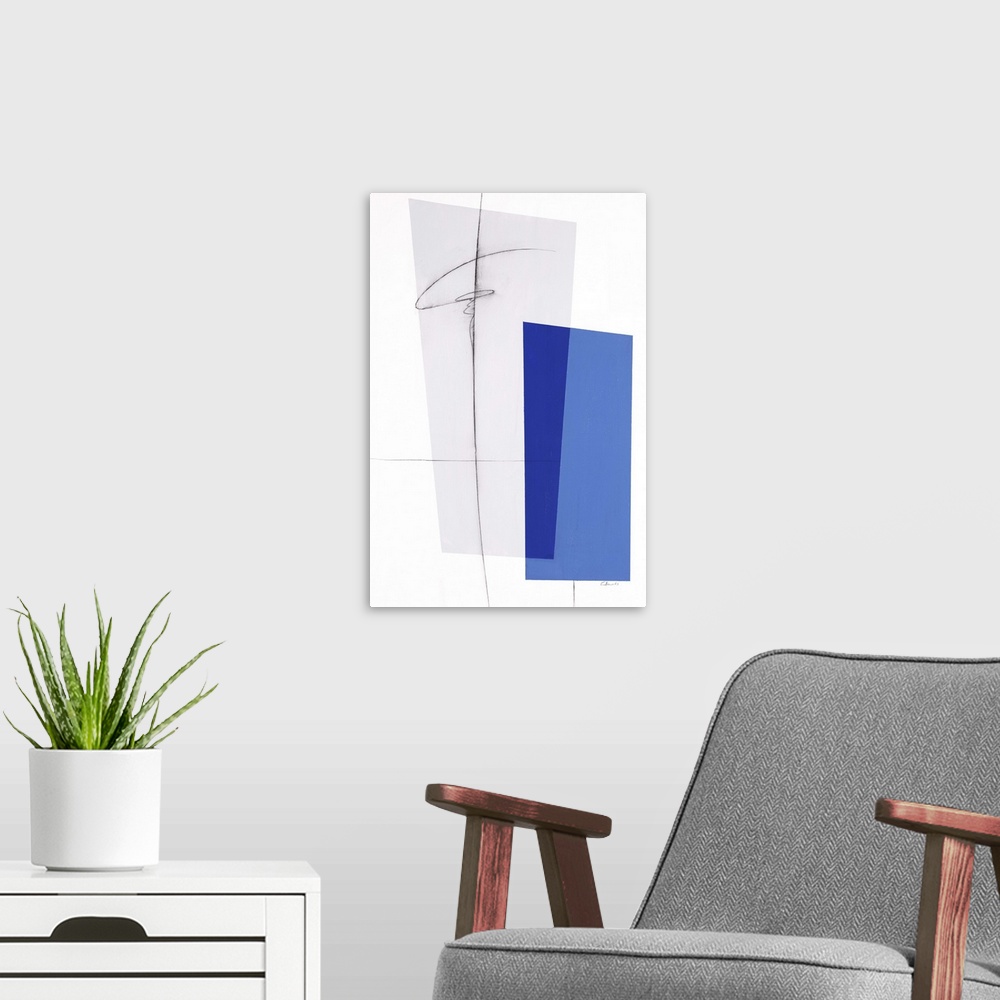 A modern room featuring Large geometric abstract painting in shades of blue and gray with thin, black, squiggly lines on ...