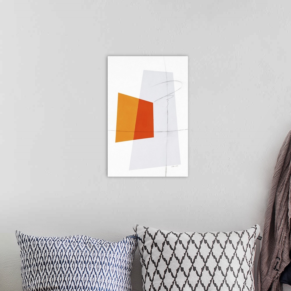 A bohemian room featuring Large geometric abstract painting in shades of orange and gray with thin, black, squiggly lines o...