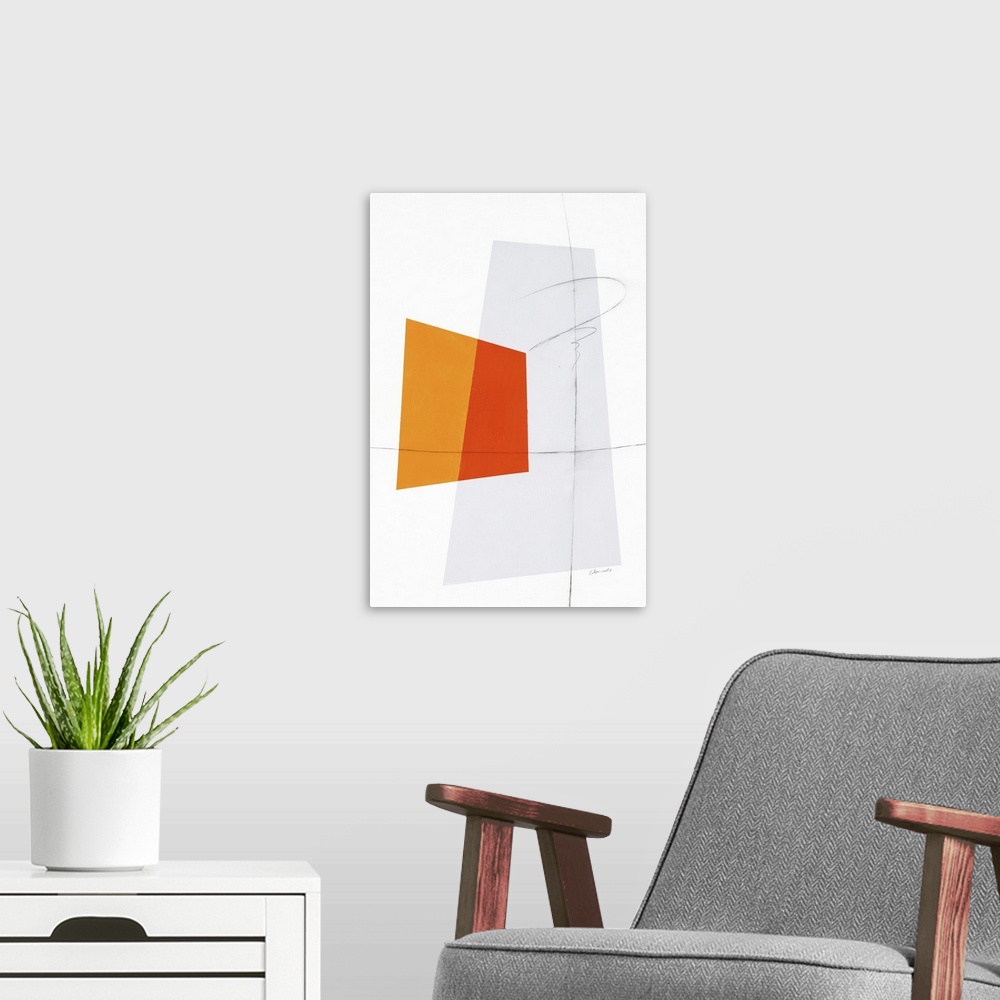 A modern room featuring Large geometric abstract painting in shades of orange and gray with thin, black, squiggly lines o...