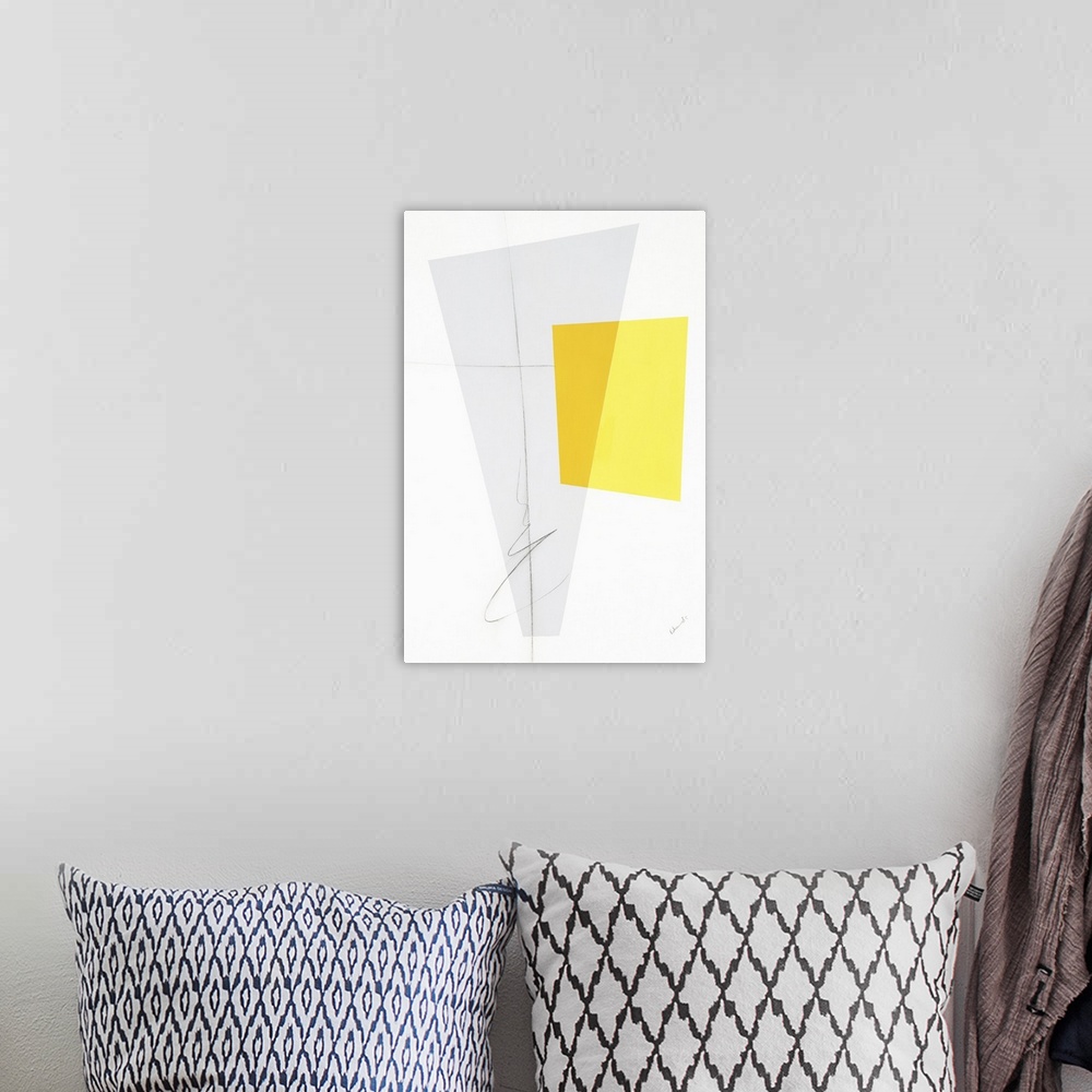 A bohemian room featuring Large geometric abstract painting in shades of yellow and gray with thin, black, squiggly lines o...