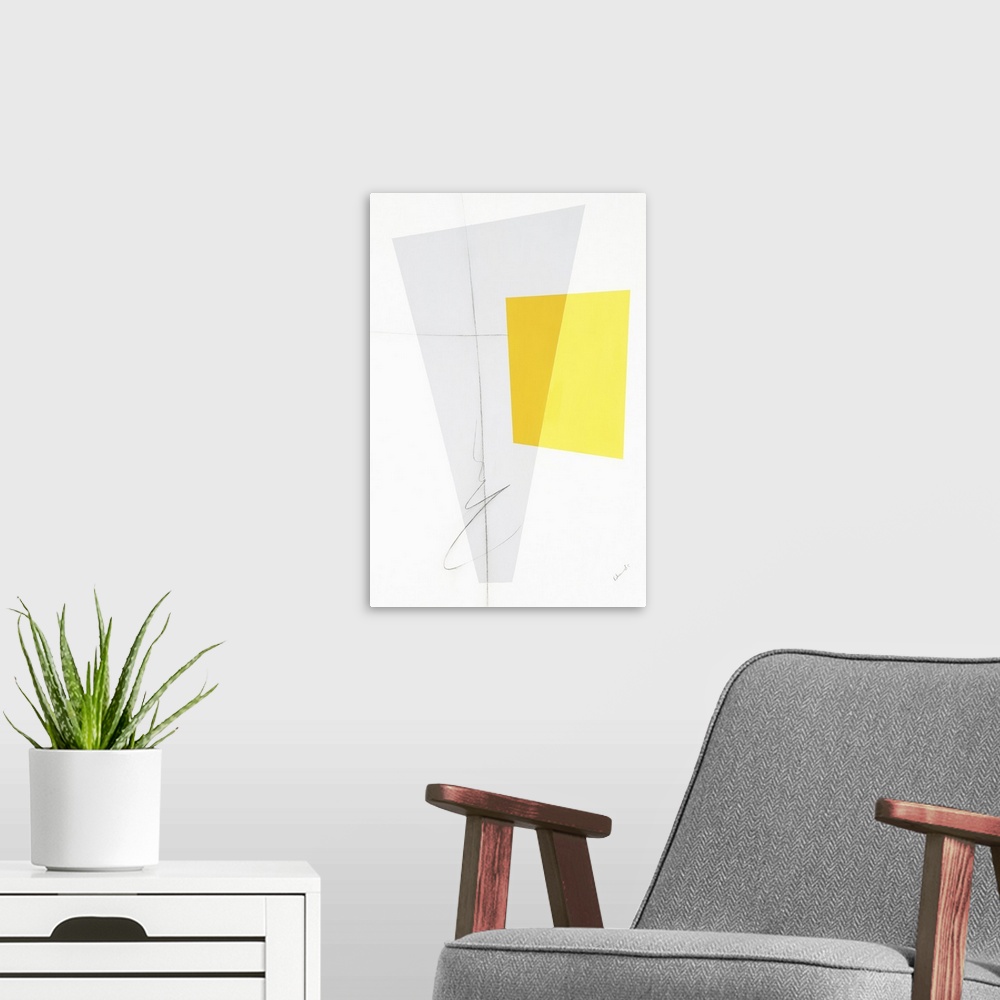 A modern room featuring Large geometric abstract painting in shades of yellow and gray with thin, black, squiggly lines o...