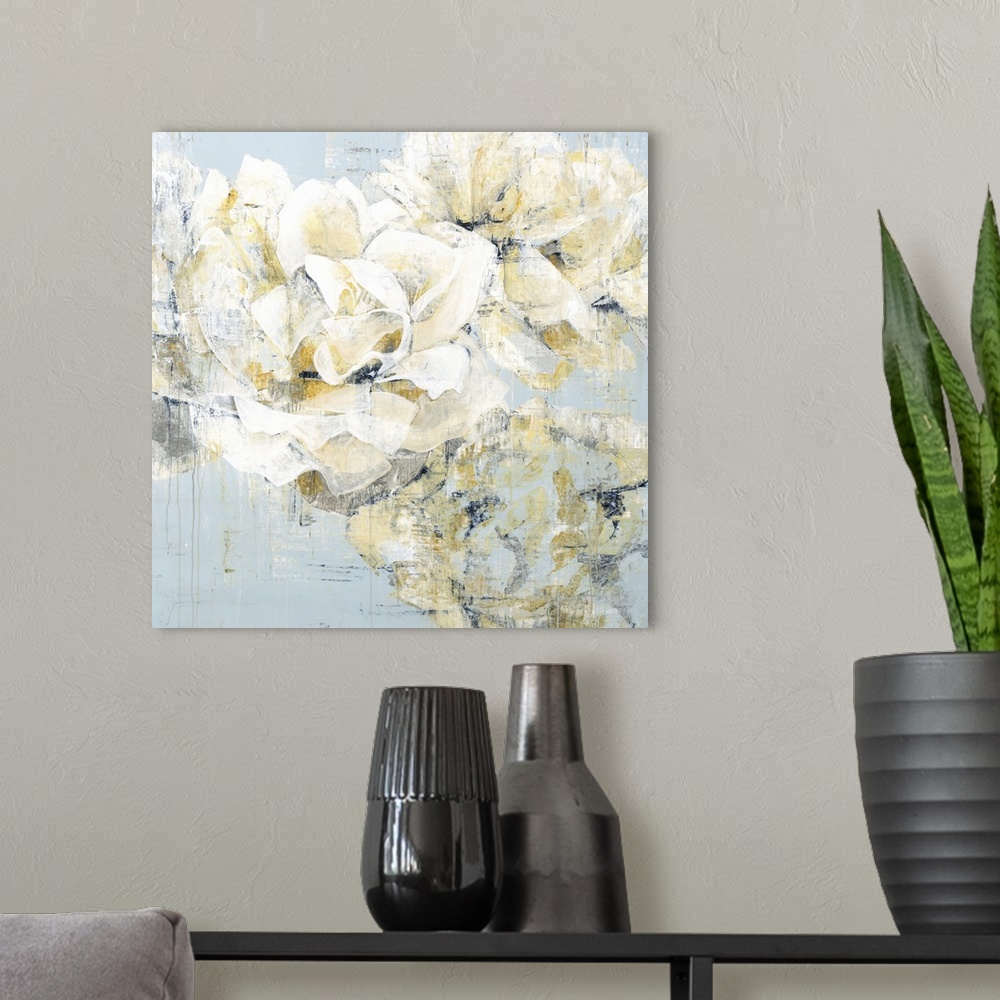 A modern room featuring Square painting of white roses with gold and silver highlights with an antique feel on a pale blu...