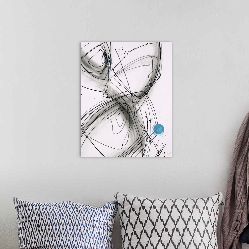 A bohemian room featuring Abstract painting using thin black lines to create soft geometric shapes, with a little blue circ...