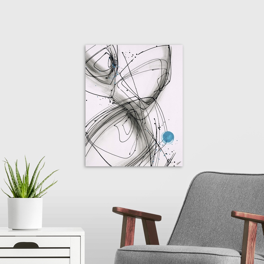 A modern room featuring Abstract painting using thin black lines to create soft geometric shapes, with a little blue circ...