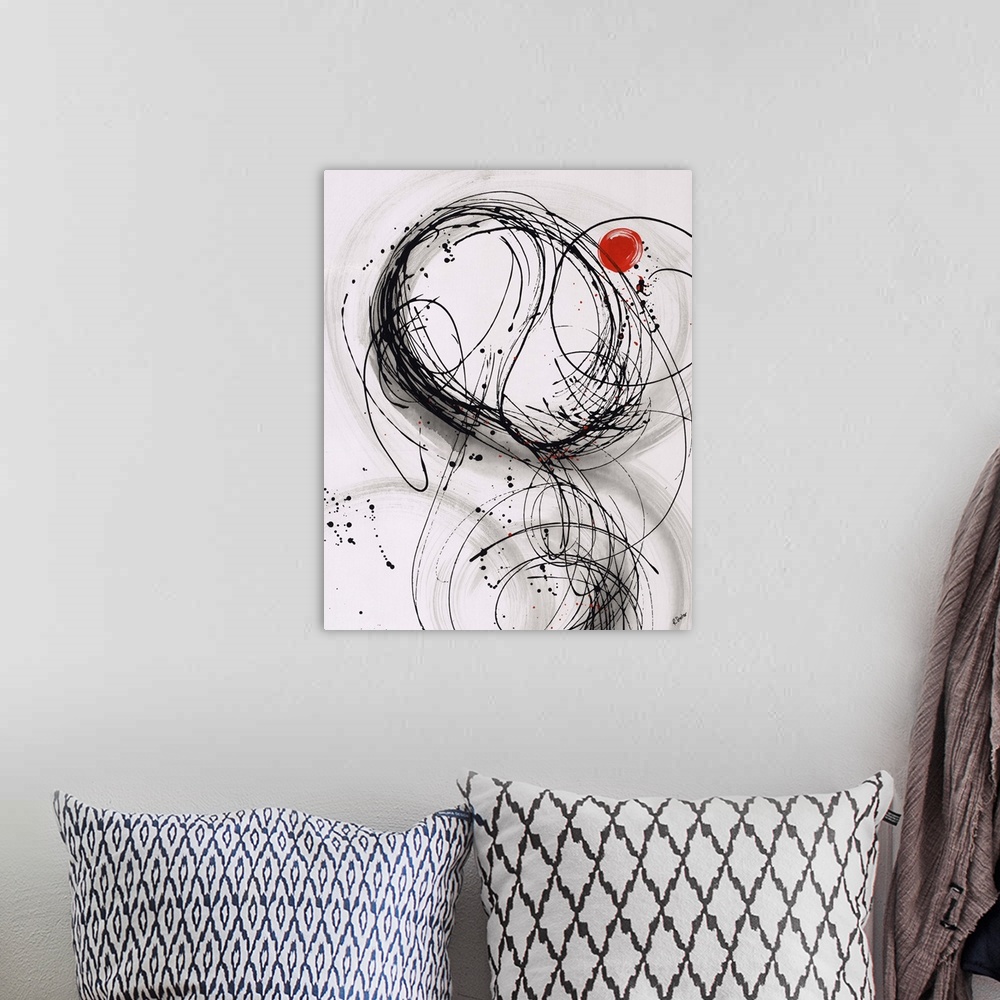 A bohemian room featuring Abstract painting using thin black lines to create organic shapes, with a little red circle towar...