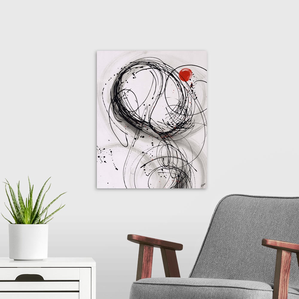 A modern room featuring Abstract painting using thin black lines to create organic shapes, with a little red circle towar...