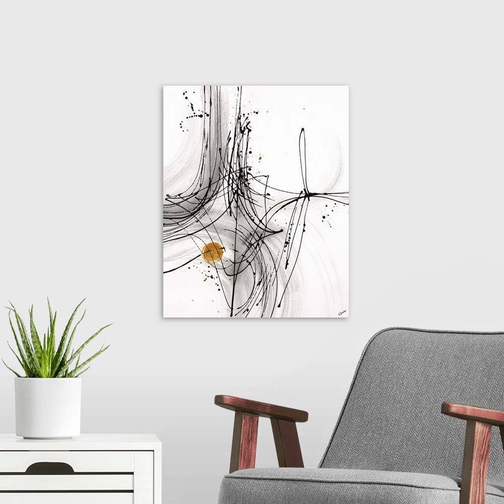 A modern room featuring Abstract painting using thin black lines to create fluid movement, with a little gold circle towa...