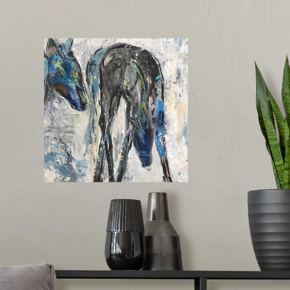 A modern room featuring Contemporary painting of two horses in shades of blue and black.