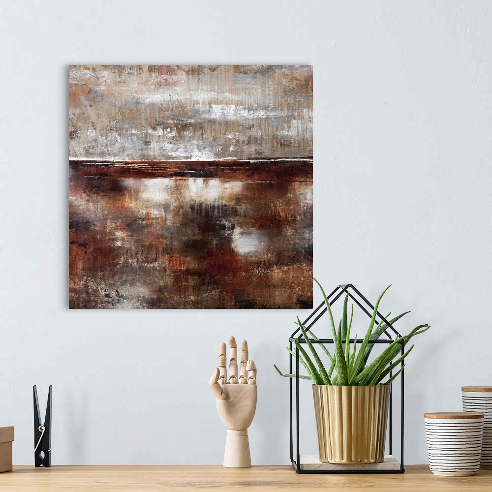A bohemian room featuring Contemporary abstract painting using dark brown earthy tones.