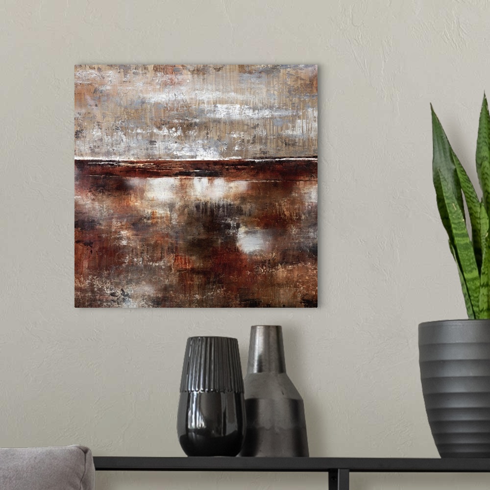 A modern room featuring Contemporary abstract painting using dark brown earthy tones.