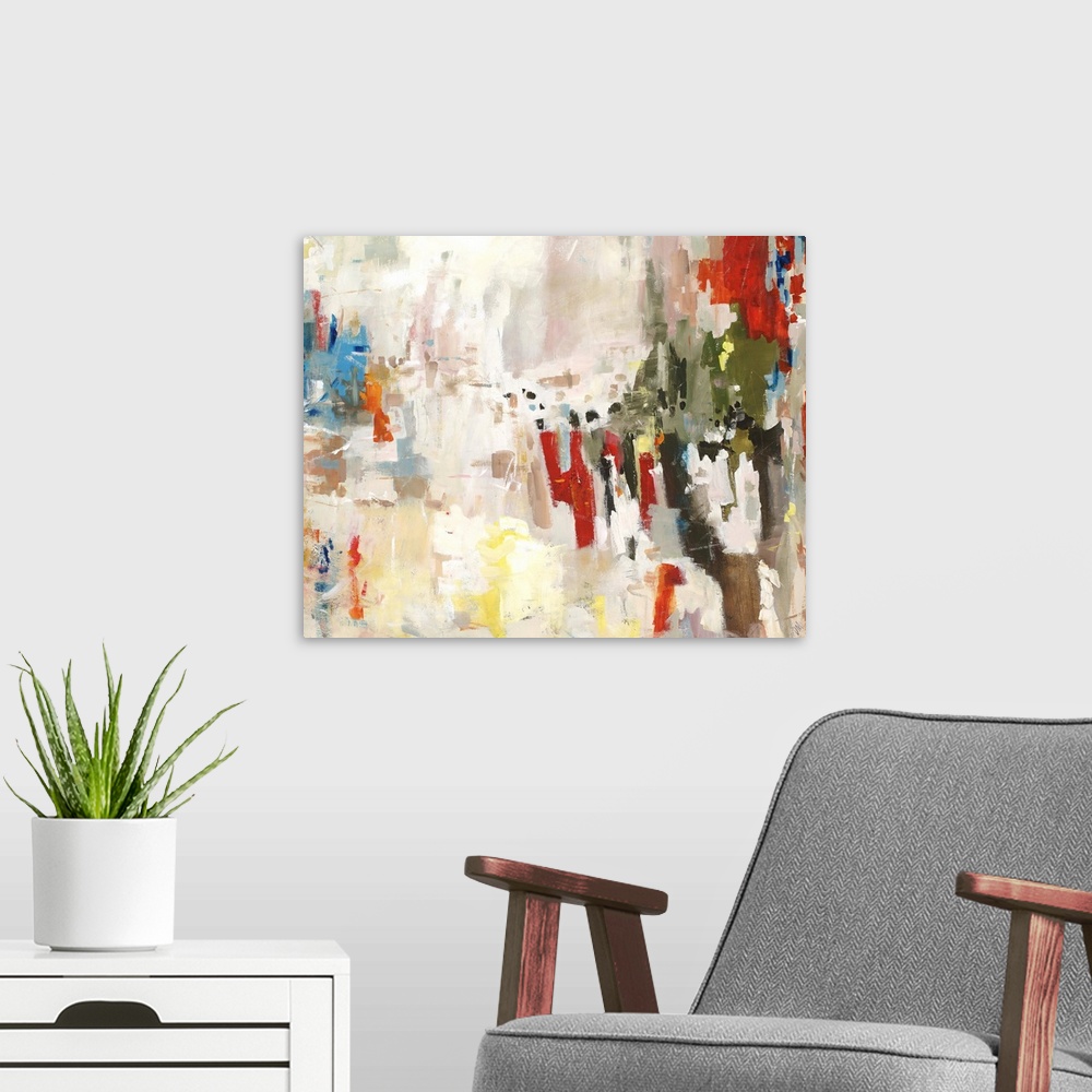 A modern room featuring Abstract painting of many various vertical shapes in an array of colors that overlap and blend in...