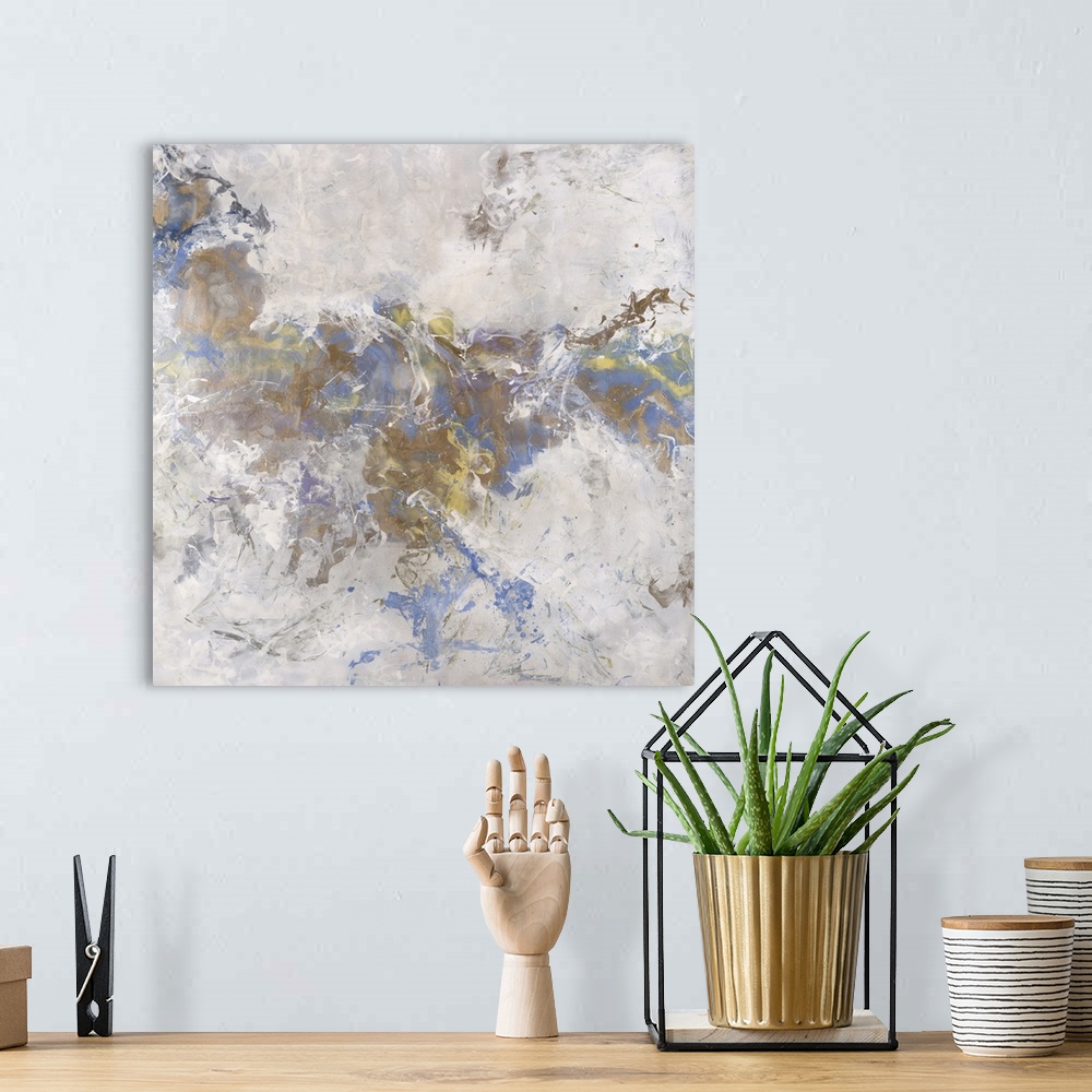 A bohemian room featuring Abstract painting of textured brush strokes with blue accents.