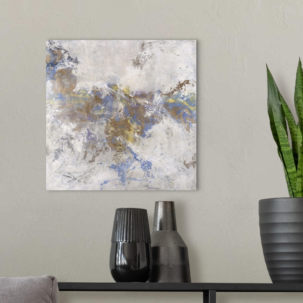A modern room featuring Abstract painting of textured brush strokes with blue accents.