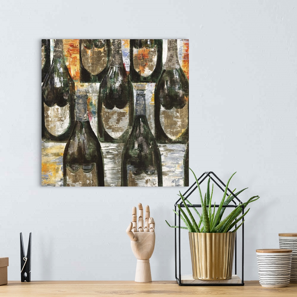 A bohemian room featuring Contemporary painting of champagne bottles lined up in rows.
