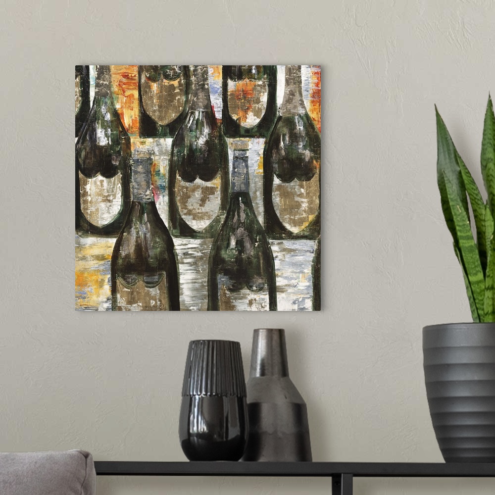 A modern room featuring Contemporary painting of champagne bottles lined up in rows.
